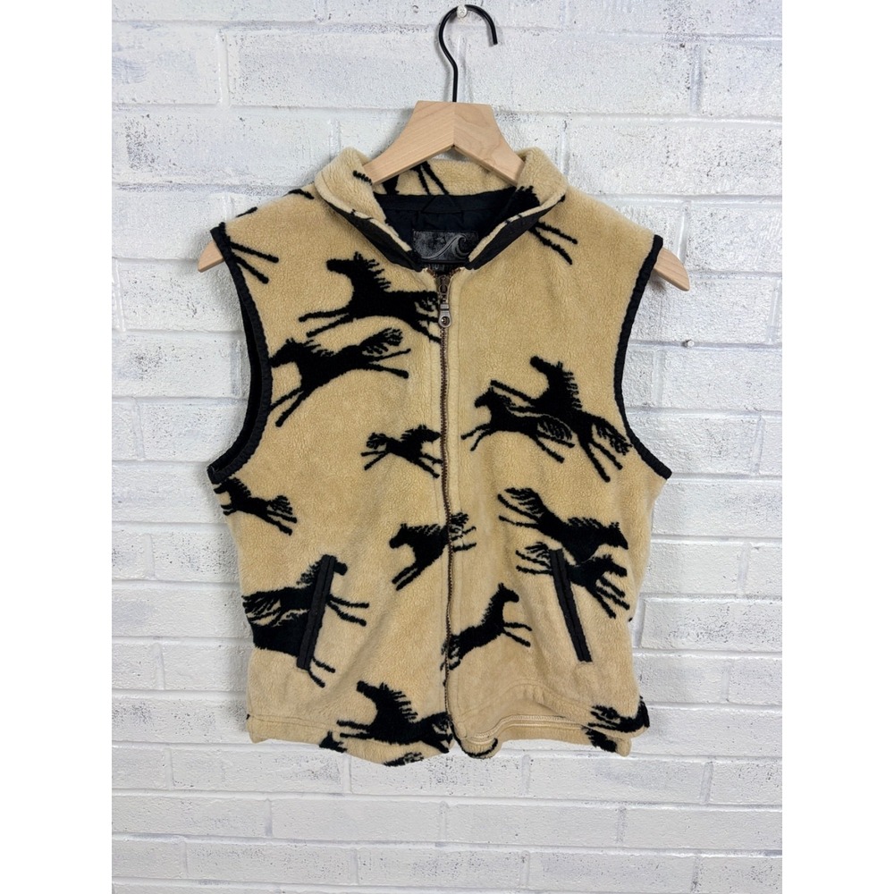 Tsunami Fleece Vest Womens M Horse Print Full Zip Western Equestrian Beige Cozy